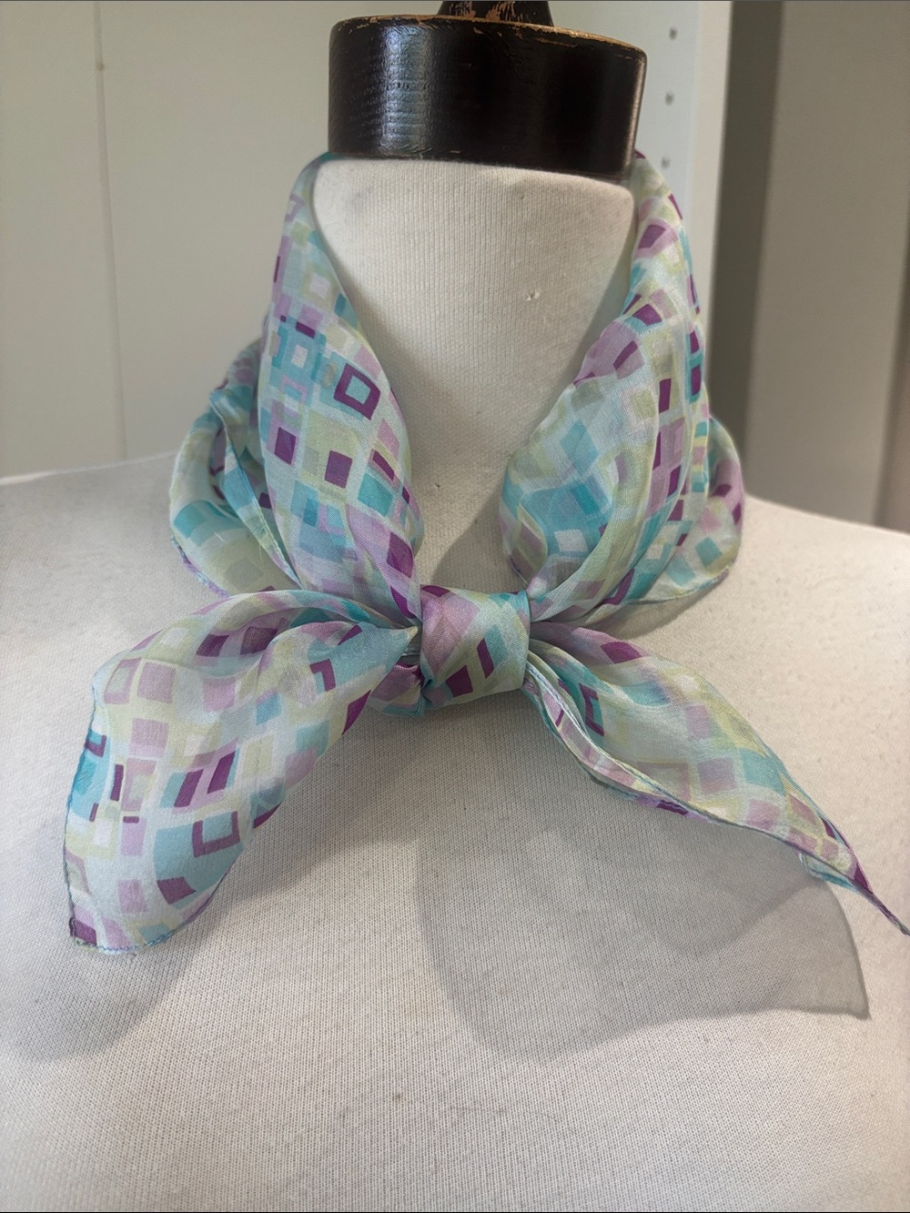 Pastel Geometric Silk Neck Scarf in Mint, Lilac & Aqua